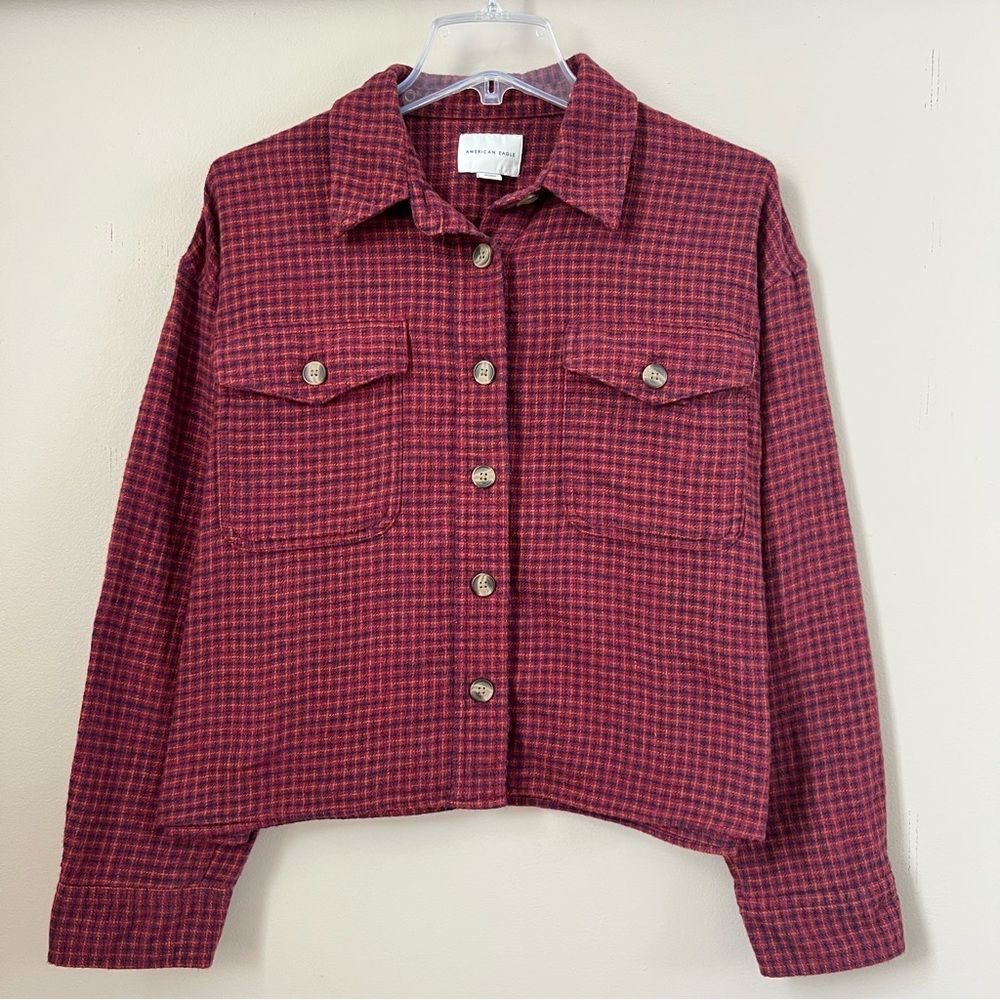 American Eagle Red Plaid Button-Up Cropped Lightweight Oversize Blouse SZ M - Picture 2 of 14